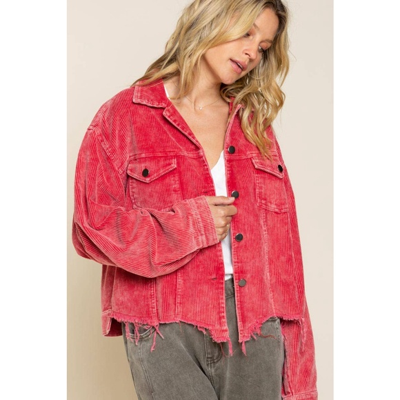 POL Rust Corduroy TRUCKER JACKET Bohemian DISTRESSED Frayed Hem Women's M - Picture 10 of 10